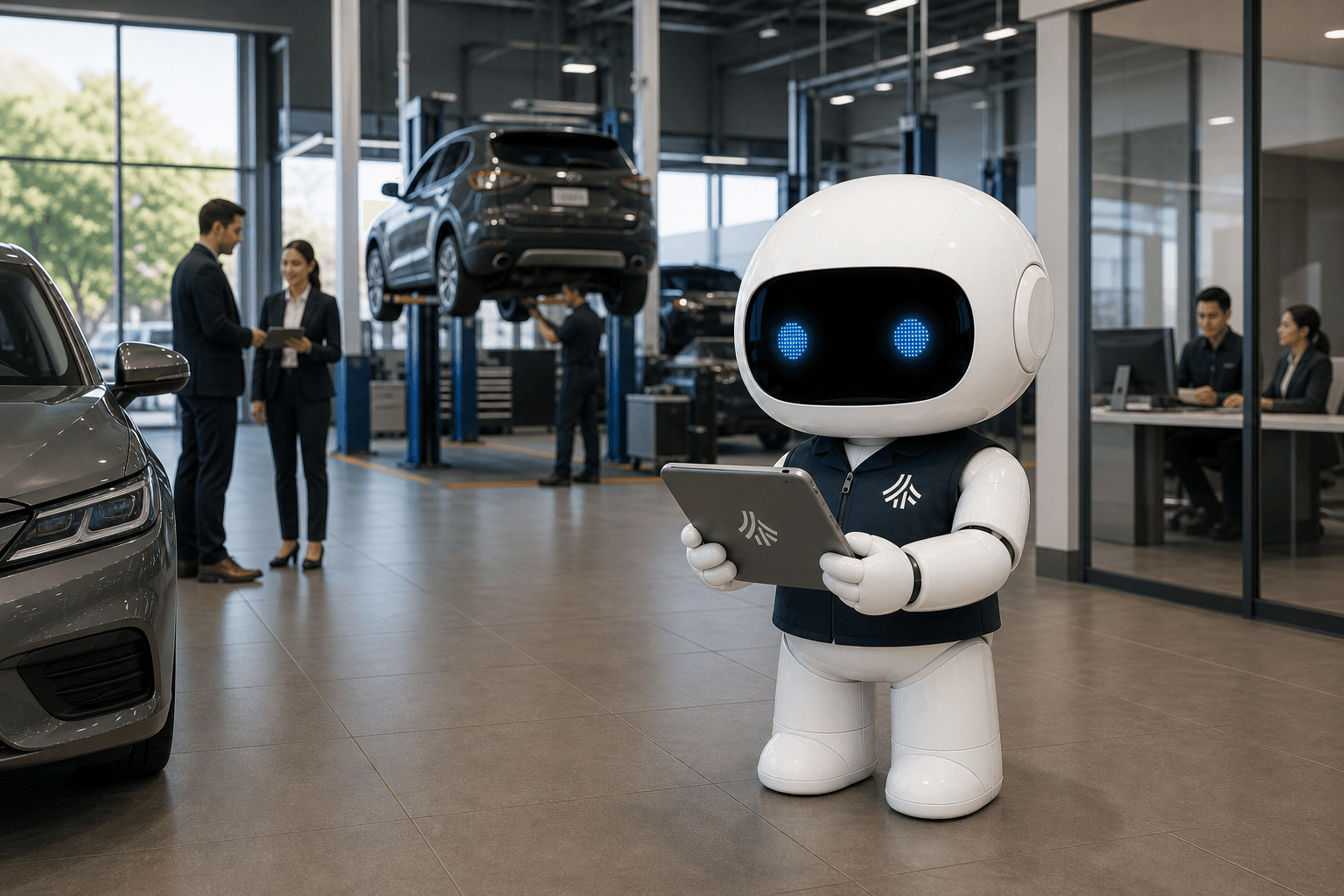Dealership managers, a service advisor, and a technician coordinating daily workforce operations