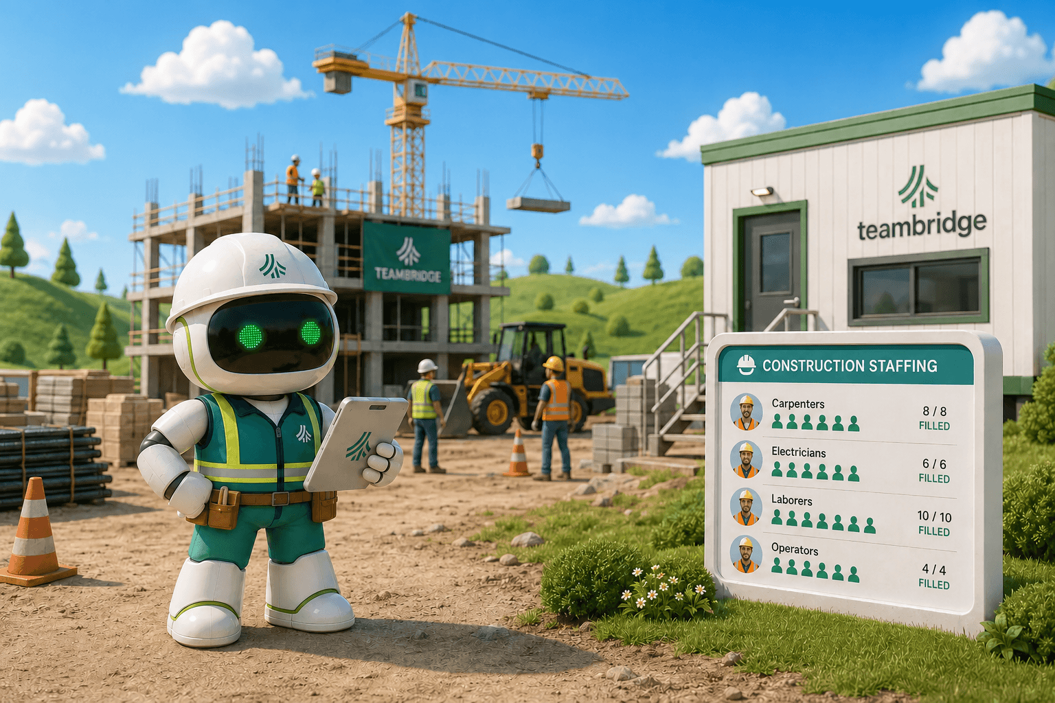 Teambridge AI assistant coordinating qualified construction crews across a job site