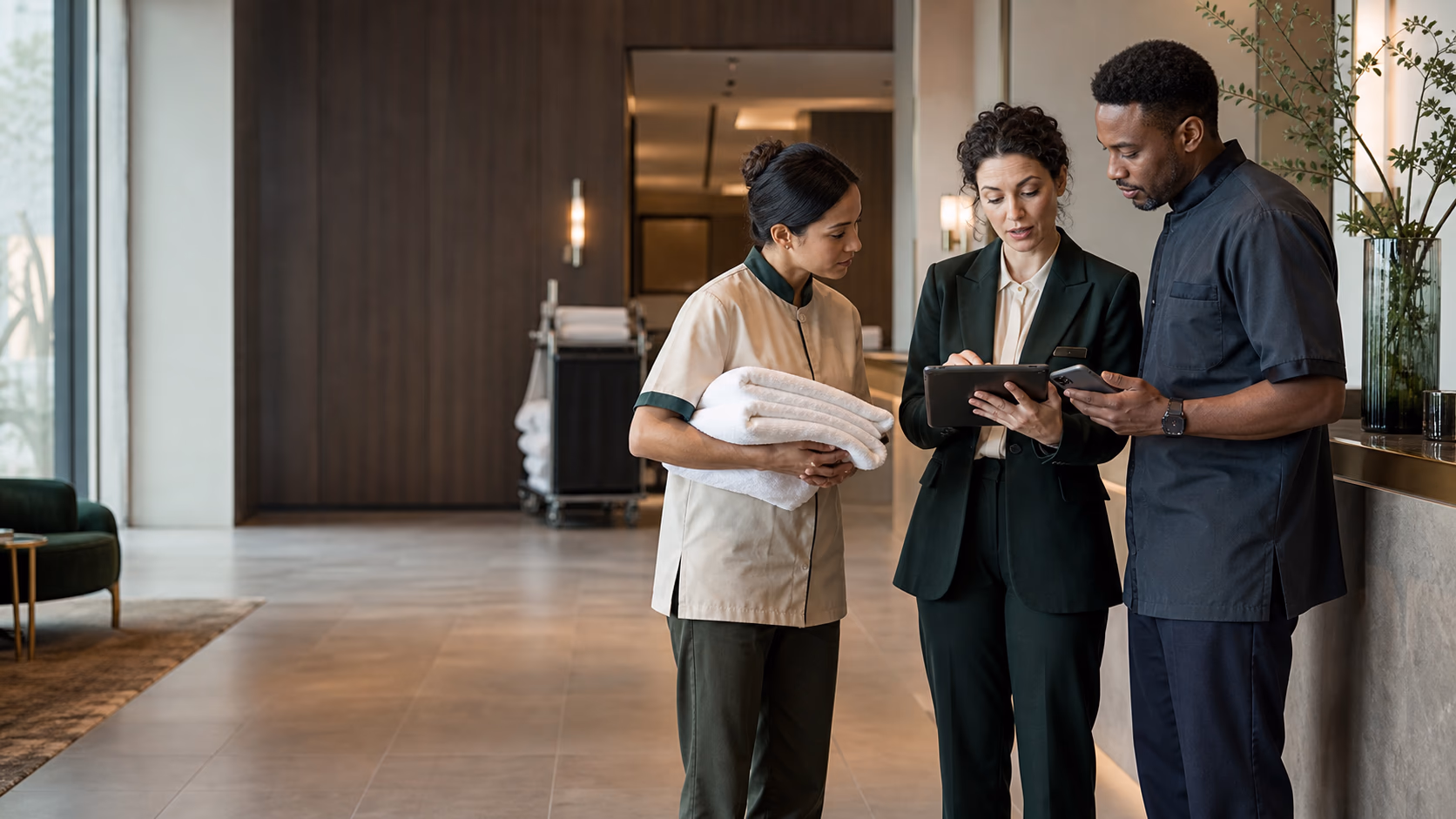 Hotel team coordinating room and guest service readiness