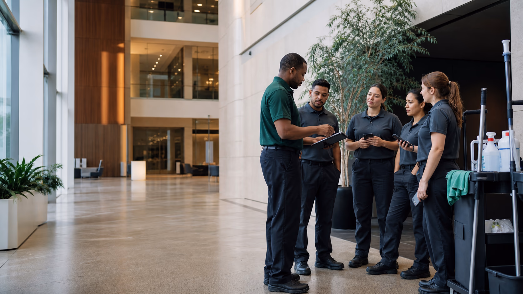 Janitorial team preparing an evening service shift