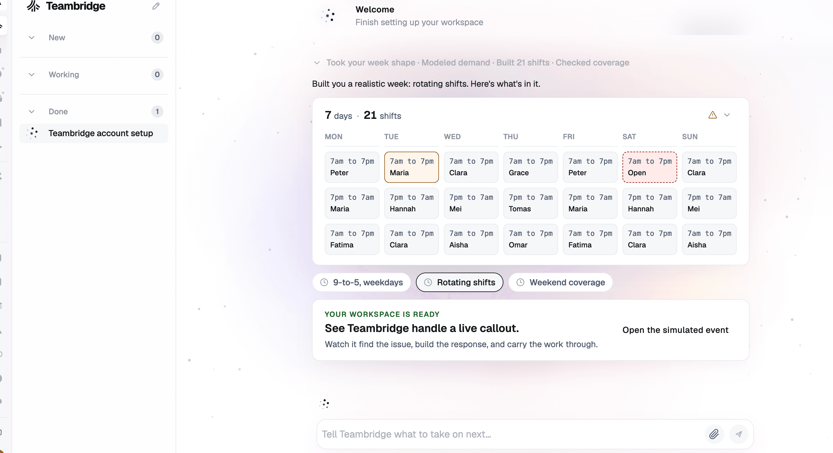 Teambridge scheduling workspace showing 21 shifts across seven days with one open shift