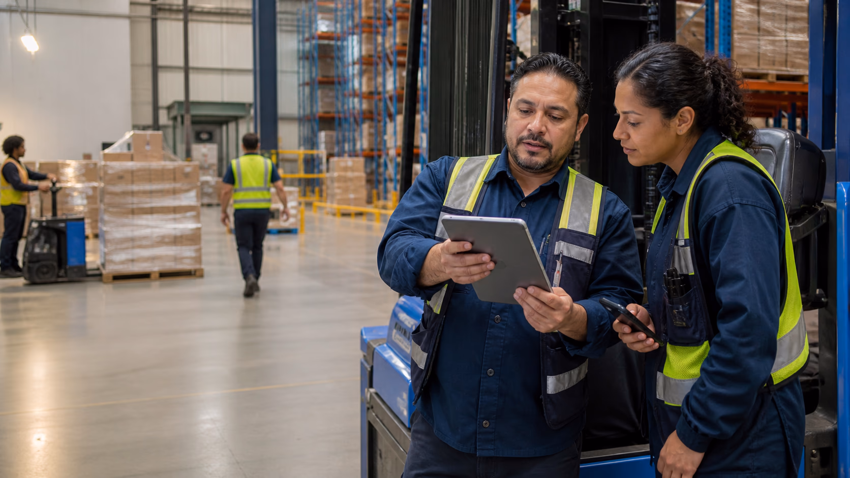 Warehouse team coordinating a production shift handoff