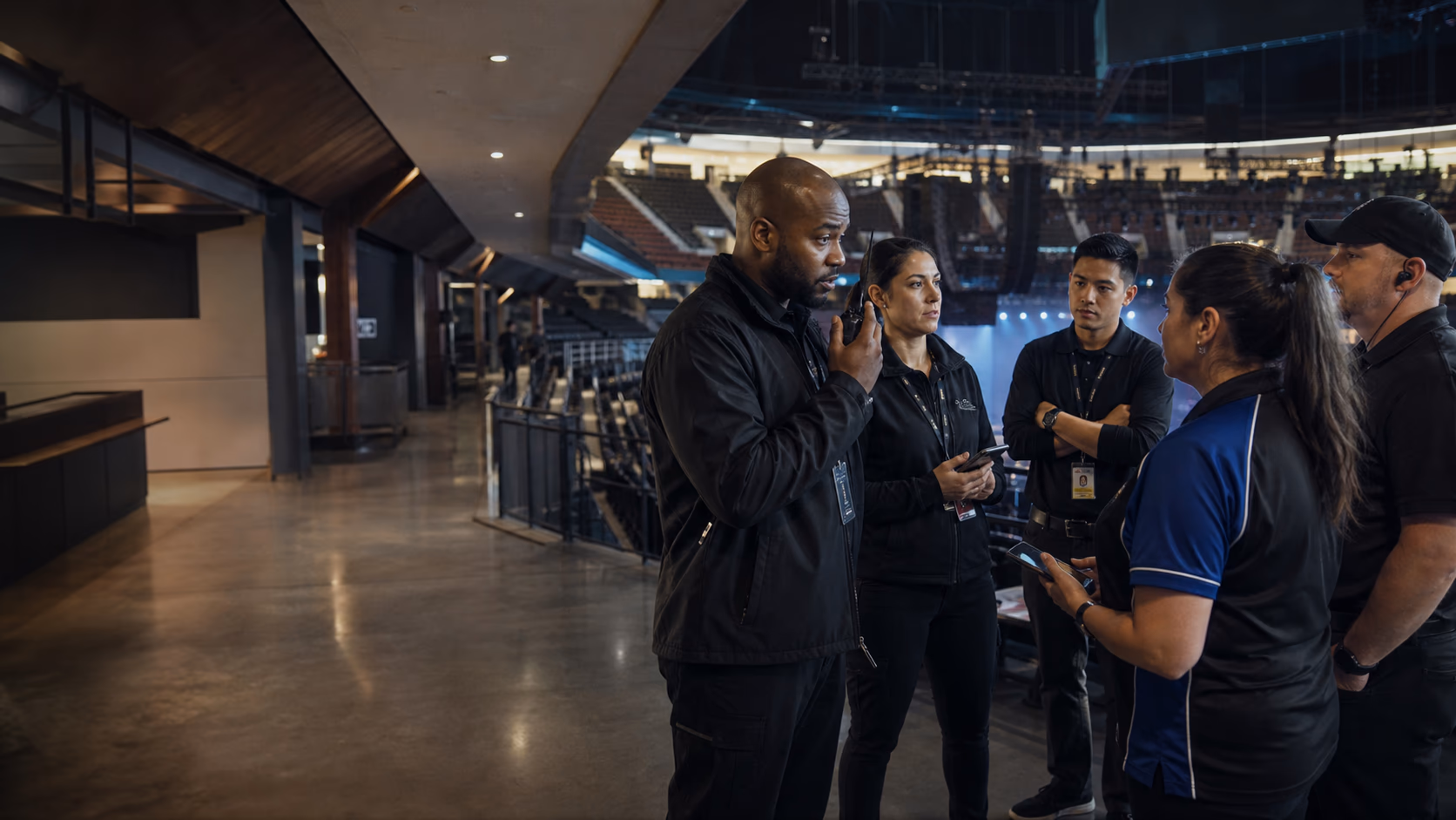 Live event team preparing a venue before doors open