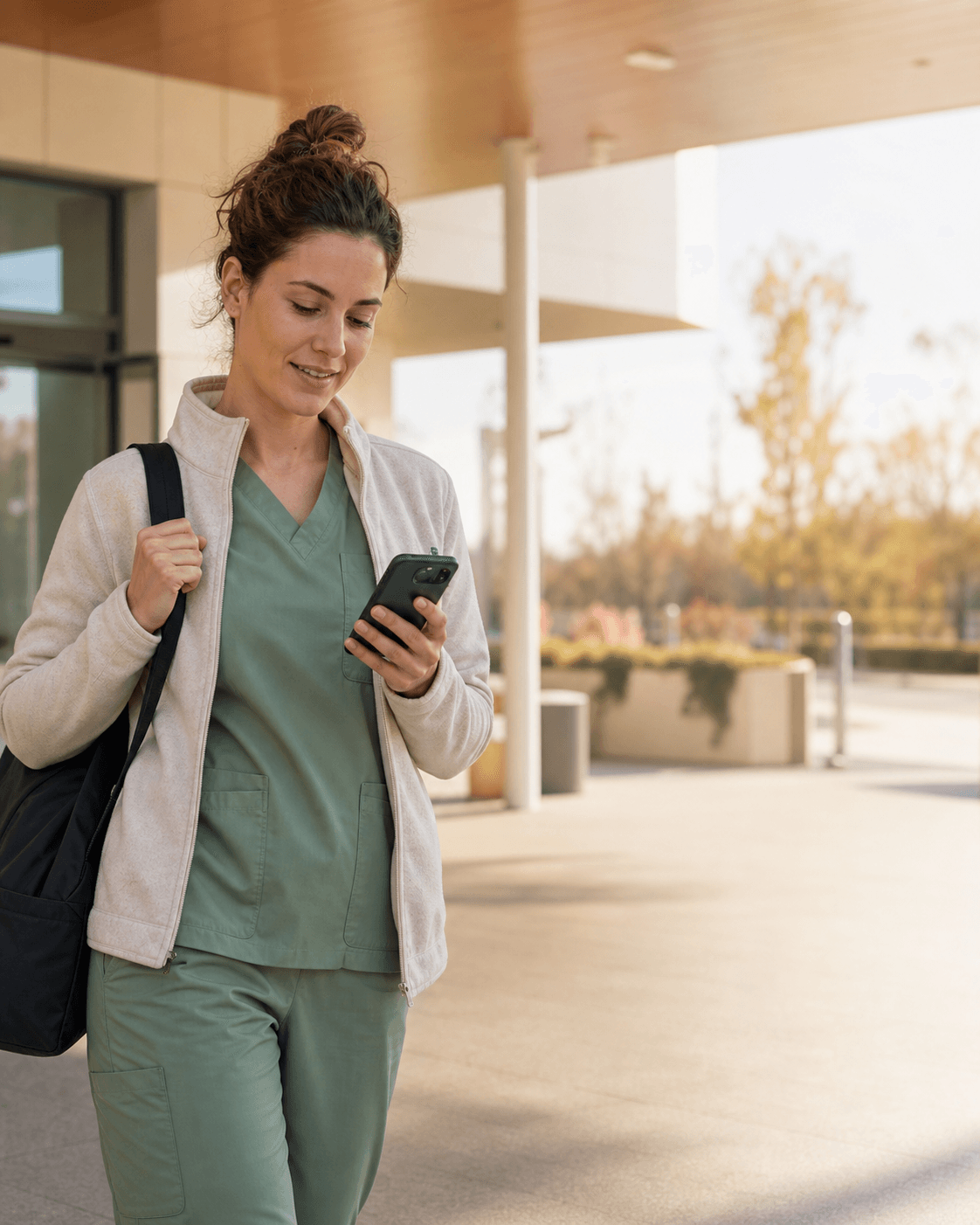 A healthcare worker checking her shift before arriving at work