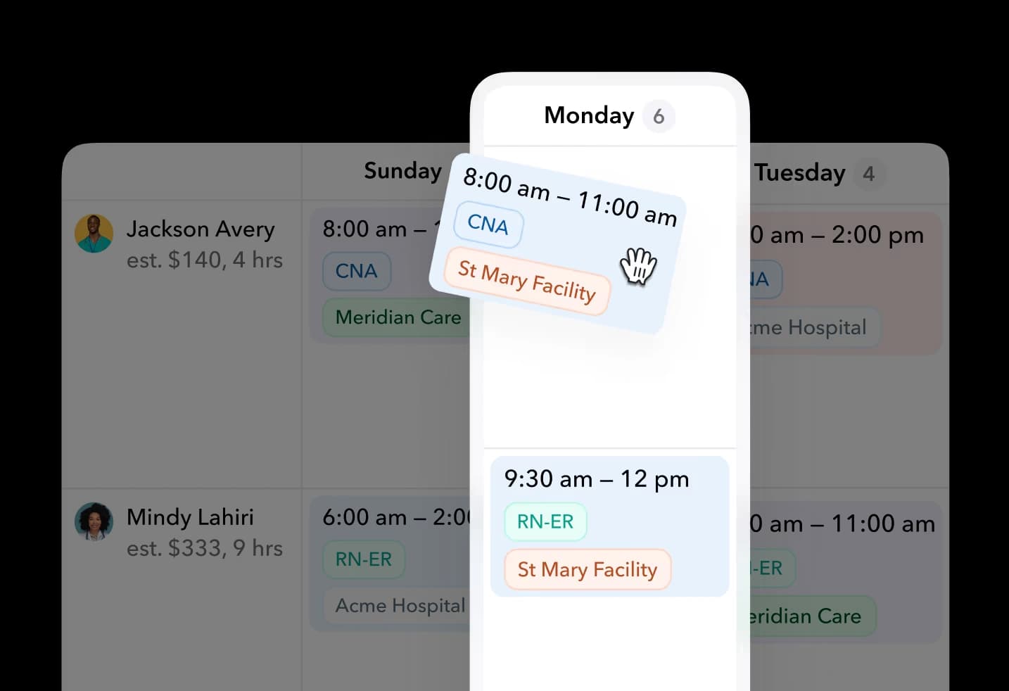 Teambridge schedule showing workers, shifts, roles, and facilities