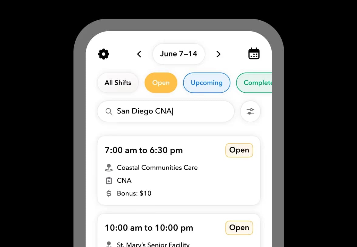 Teambridge worker view showing open shifts with time, location, role, and bonus details