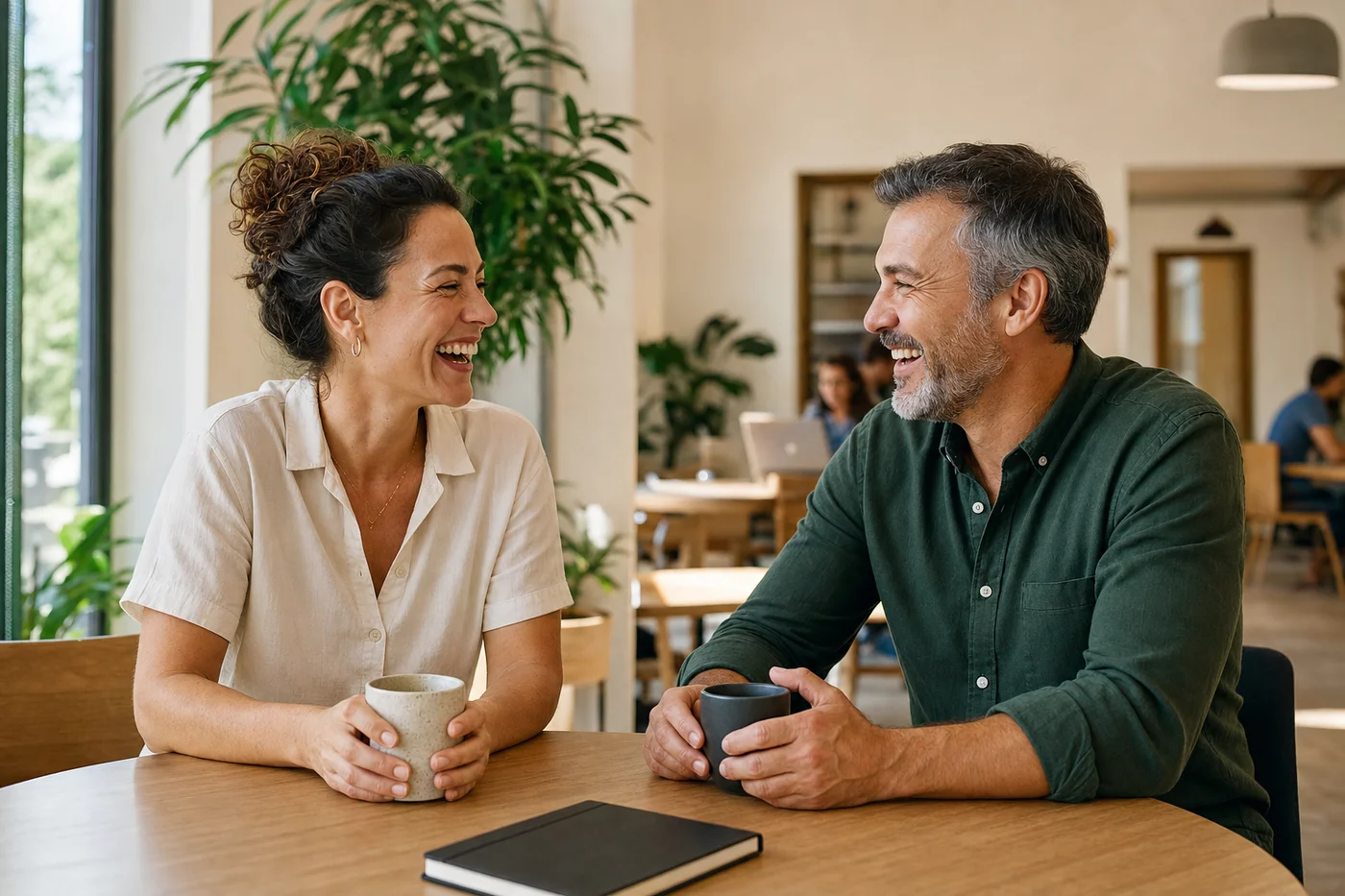 Two professionals enjoying a conversation in a sunny workspace