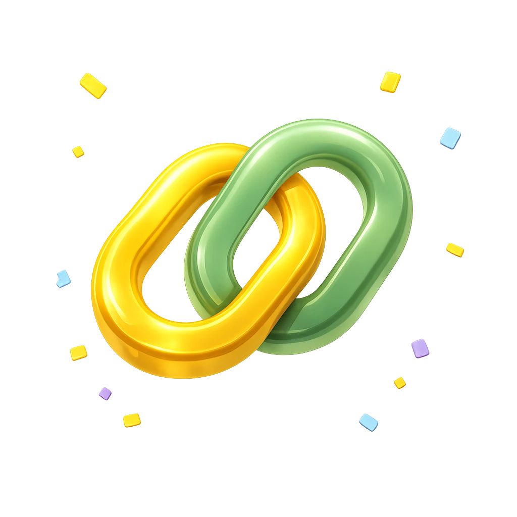 Connected gold and green links surrounded by confetti