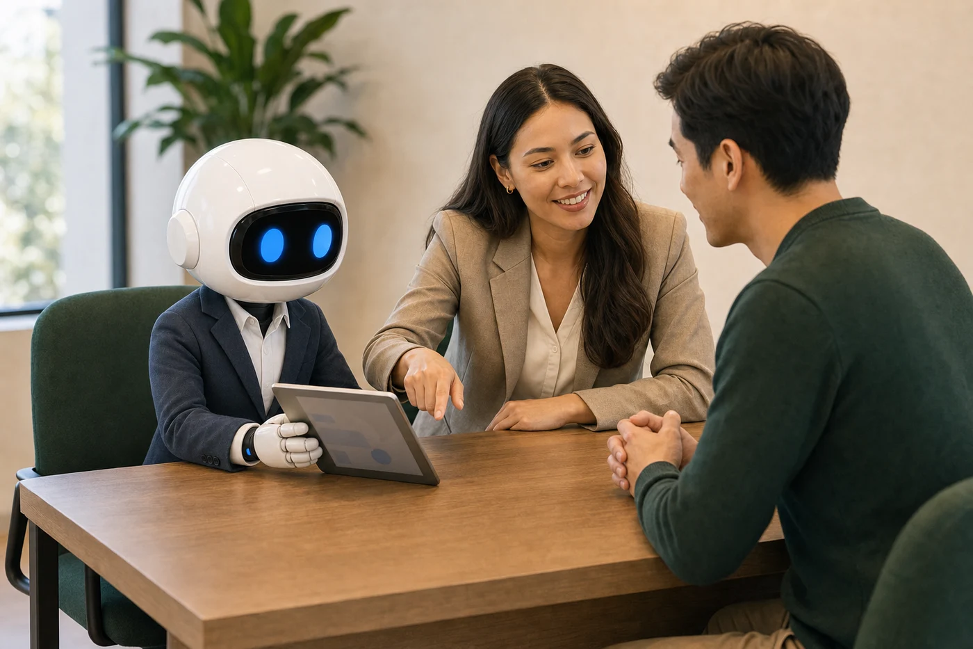 A staffing coordinator and Teambridge robot reviewing an assignment with a candidate