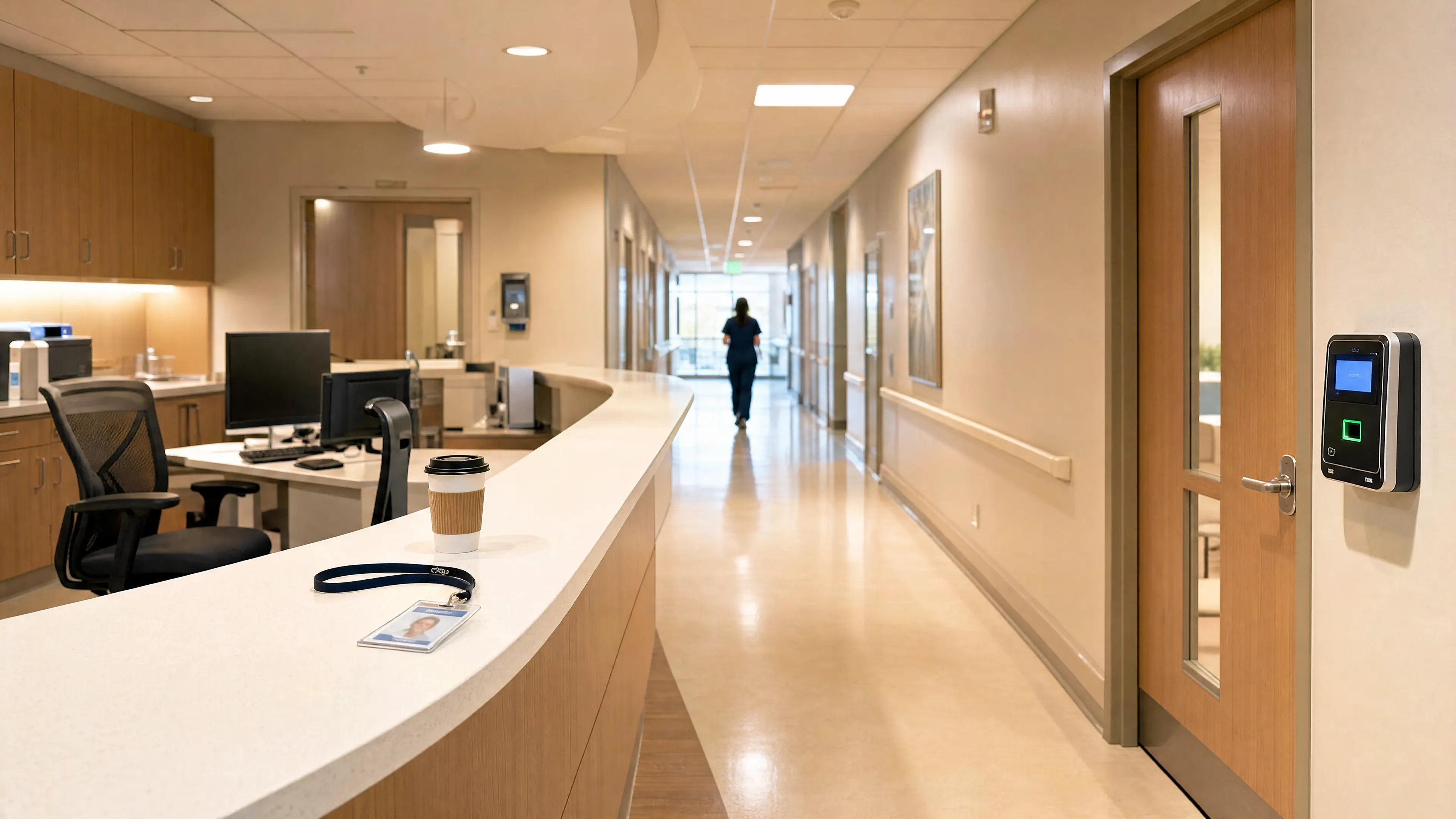 A hospital ward at dawn with an empty nurses station chair, a badge on the counter and a time clock by the door
