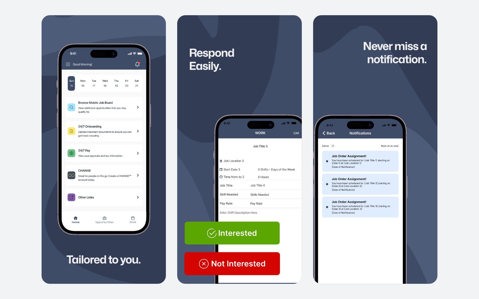 Avionté 24/7 talent app screens from its public App Store listing