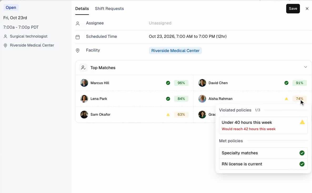 Teambridge shift record for an open surgical technologist shift, with top matches ranked and the policy behind each match