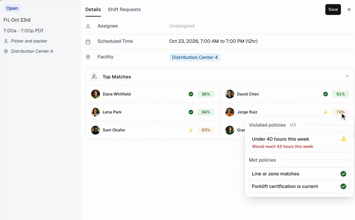 Teambridge shift record for an open picker and packer shift, with top matches ranked and the policy behind each match