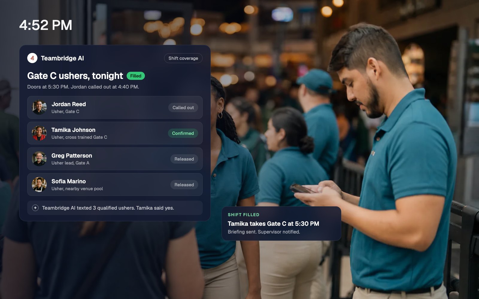 Teambridge AI fills a Gate C usher callout before doors open by texting qualified staff