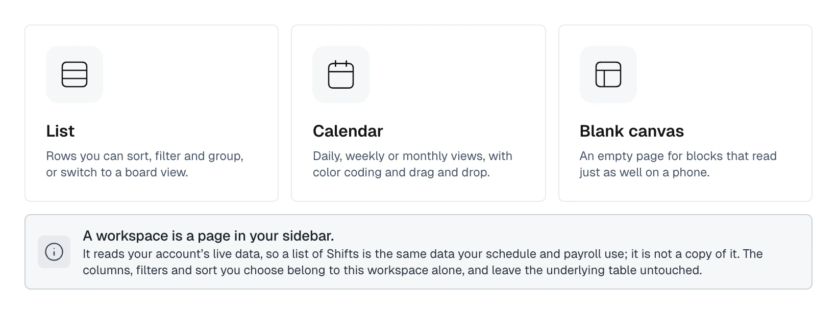 Workspace creation options: List for rows and board views, Calendar for schedules, and Blank canvas for a page of blocks.