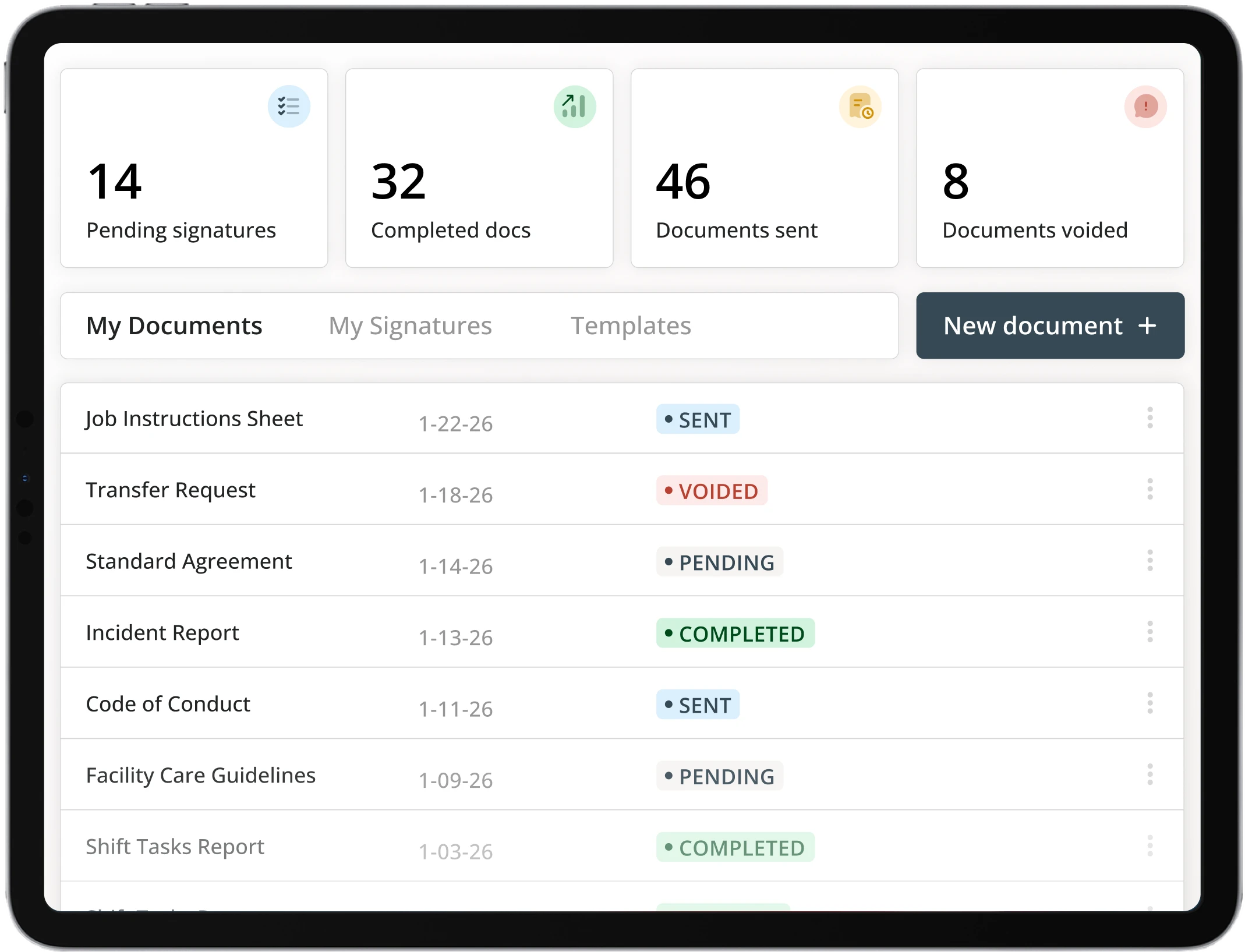 Document Studio workspace with documents, signatures, and statuses