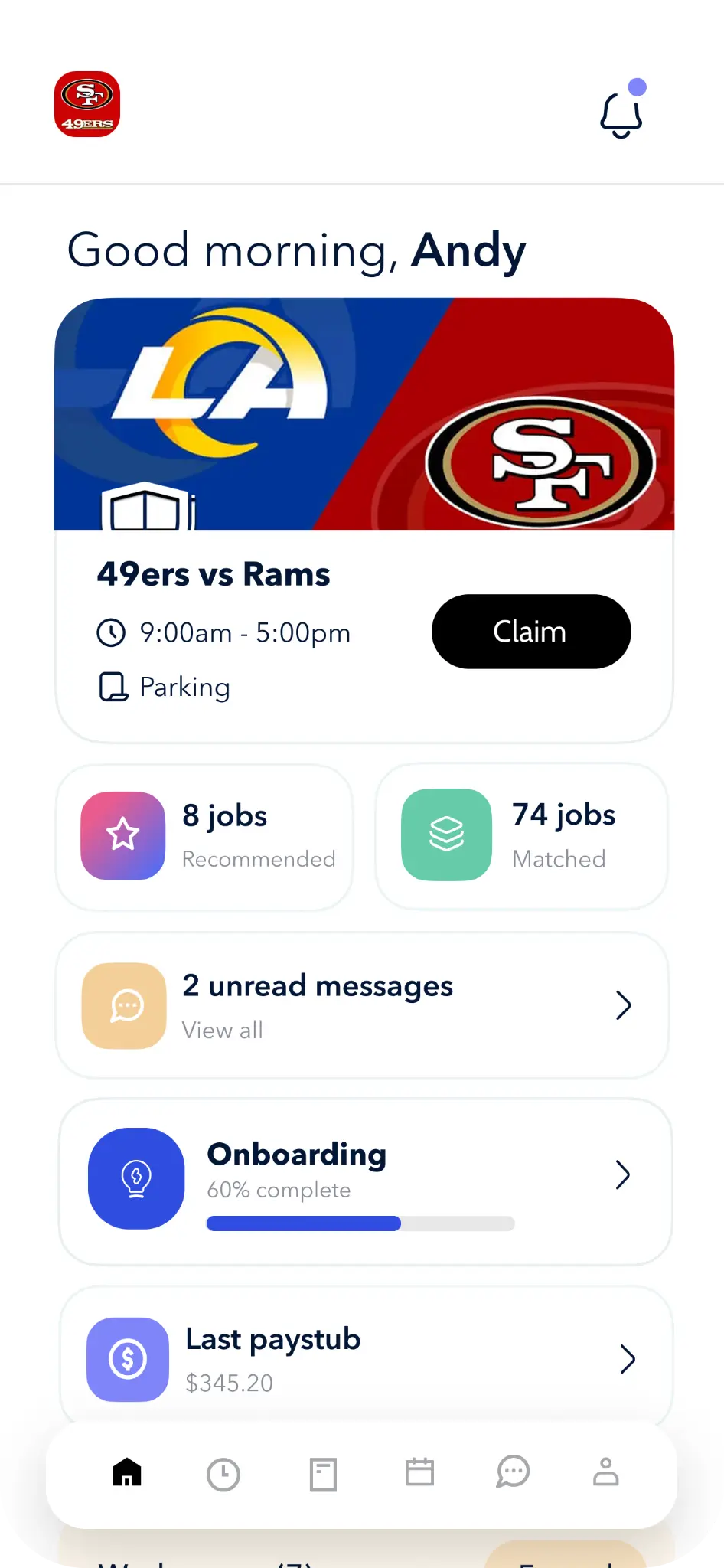 Teambridge mobile app worker home screen