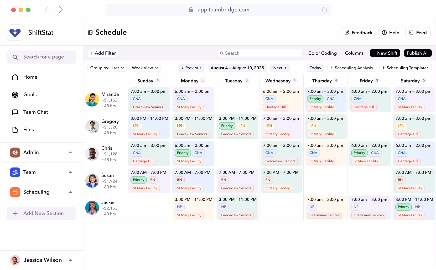 Scheduling product view in Teambridge